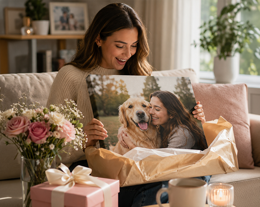 Woman unwrapping a personalized canvas print birthday gift on a cozy sofa