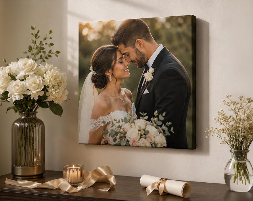Wedding canvas print of bride and groom displayed above an elegant console table