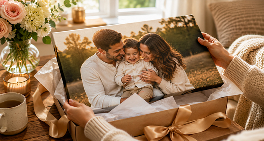 Person unboxing a personalized family portrait canvas print gift