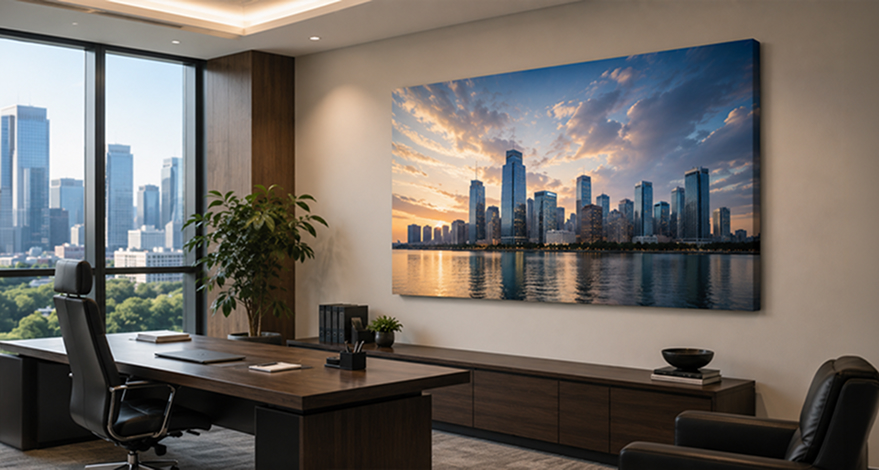 Large canvas print of a city skyline in a modern office