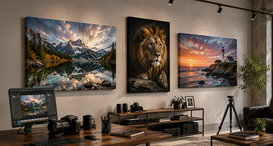 Photography studio with canvas prints on the wall and editing workstation