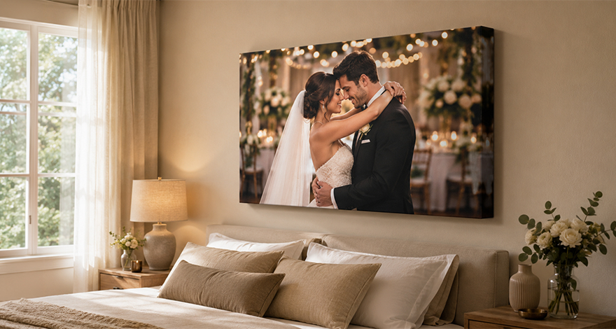 Wedding canvas print displayed above a bed in a cozy bedroom